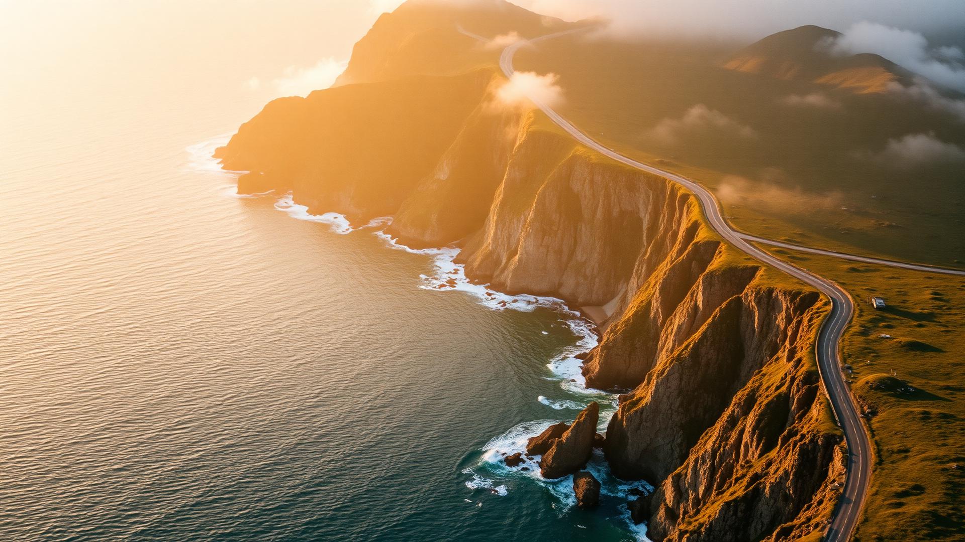Winding coastal road at golden hour